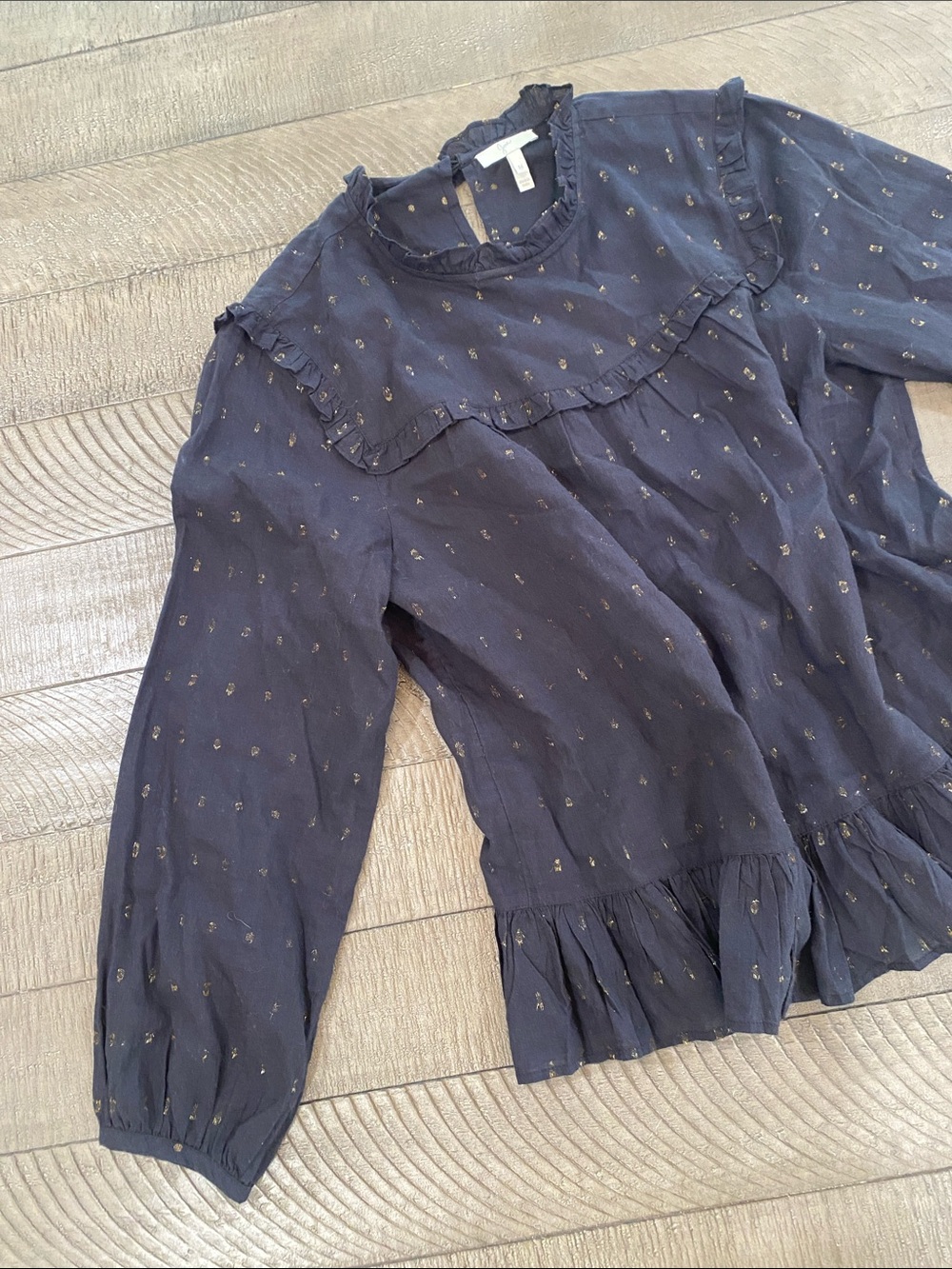 Joie Black Ruffle-Yoke Blouse with Gold Dot Detail
